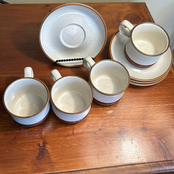Vintage MCM Denby England Mug and Saucer Set of 4 Potter’s Wheel Stoneware - Picture 2 of 7
